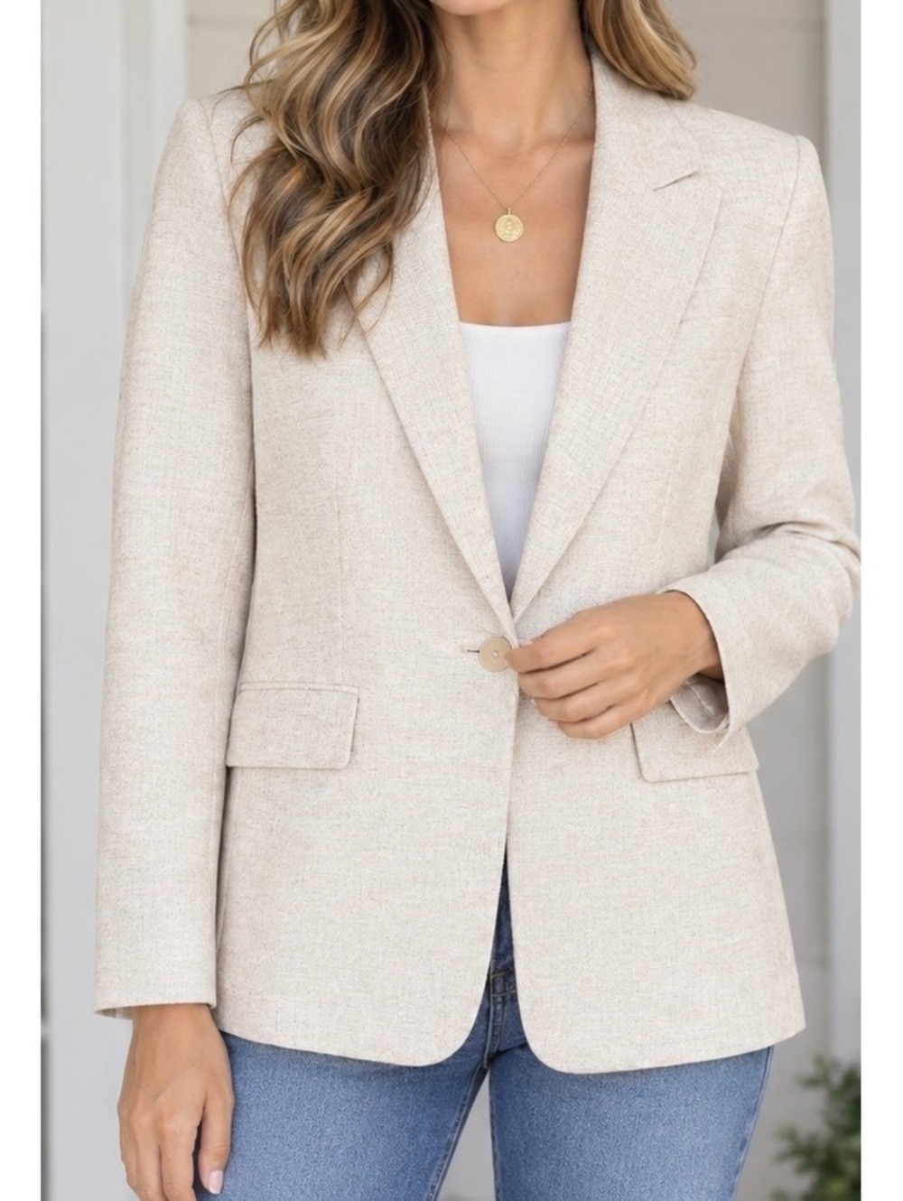 Mango MNG Women’s US8/EU40 Blazer Jacket Beige Single Button Pockets